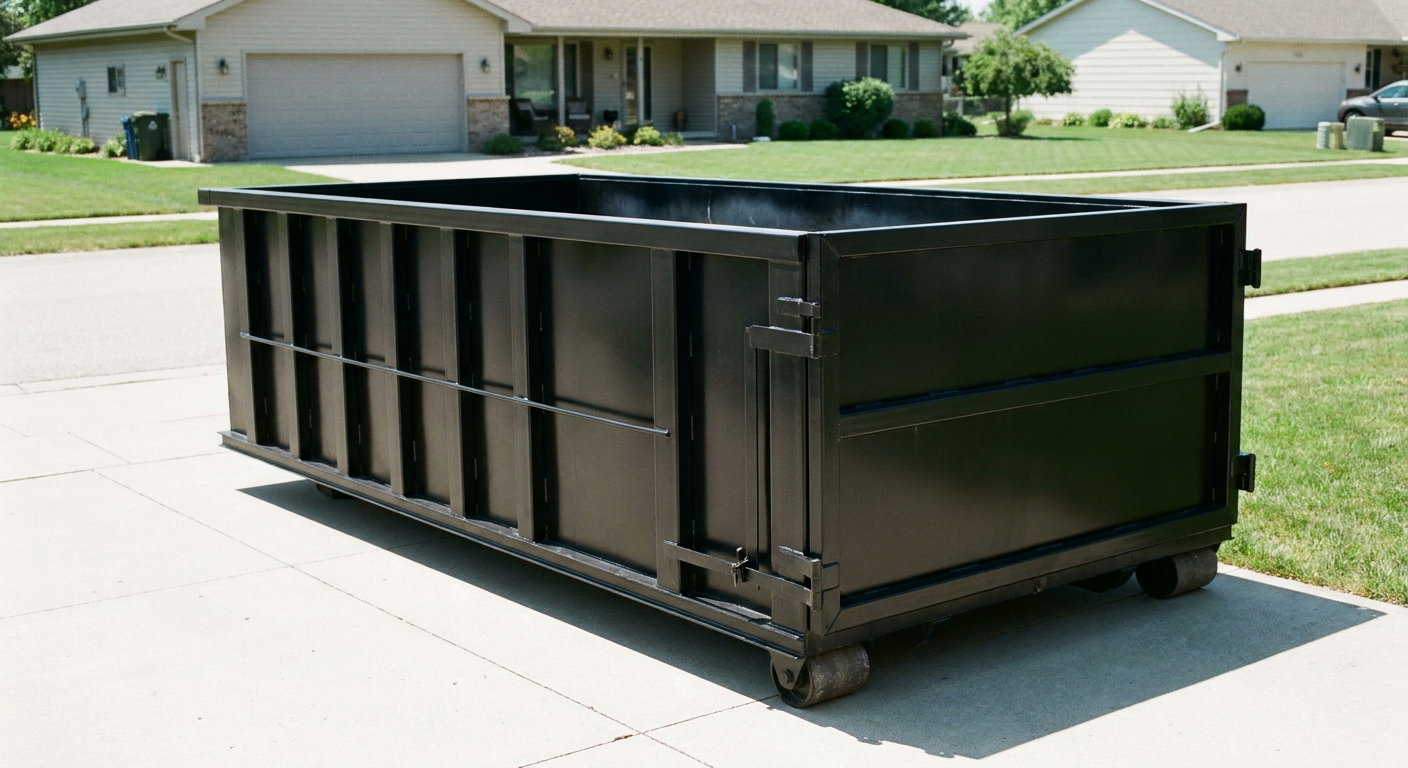 Matte-black 10-yard roll-off dumpster on a residential concrete driveway in Longmeadow, uniformly painted matte black across every panel and rail, ribbed steel sidewalls and rear swing door visible, mid-day daylight.