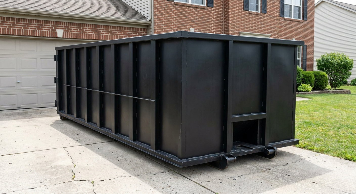 Matte-black 20-yard roll-off container on a Longmeadow residential concrete driveway with reinforced ribbed steel sidewalls and a hinged rear walk-in door, clean bright daylight.