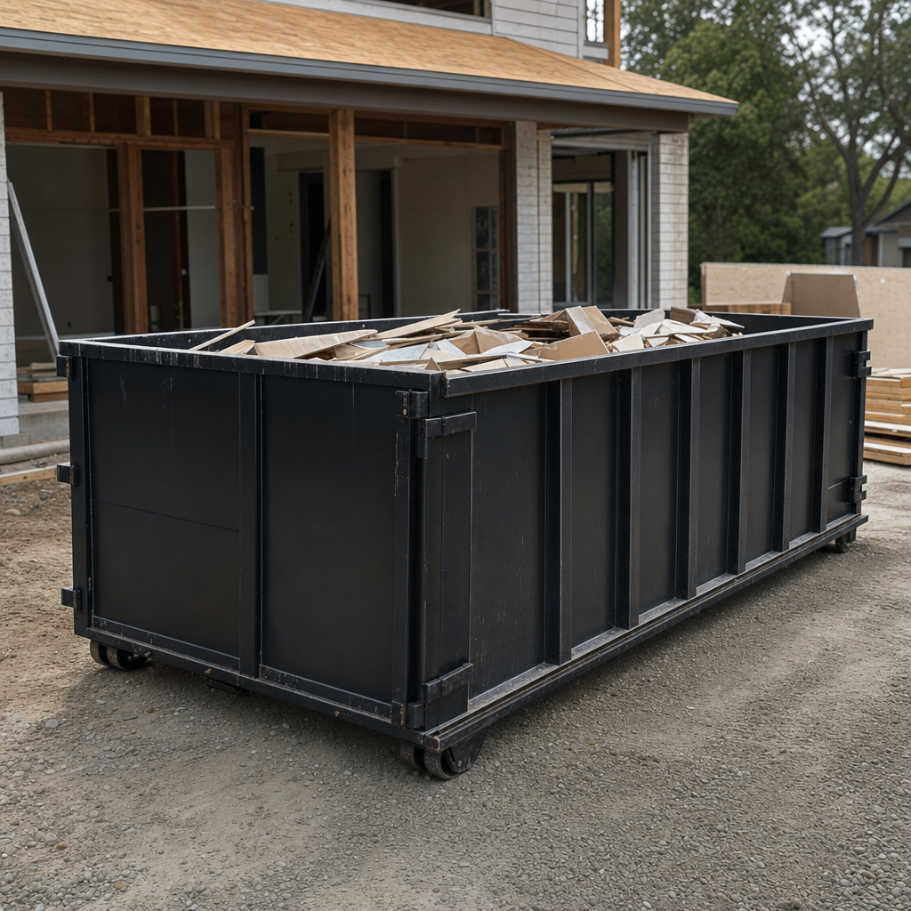 Large matte-black 30-yard construction roll-off dumpster at an active Longmeadow jobsite, steel-gray top rails and bottom rollers visible, loaded with construction debris.