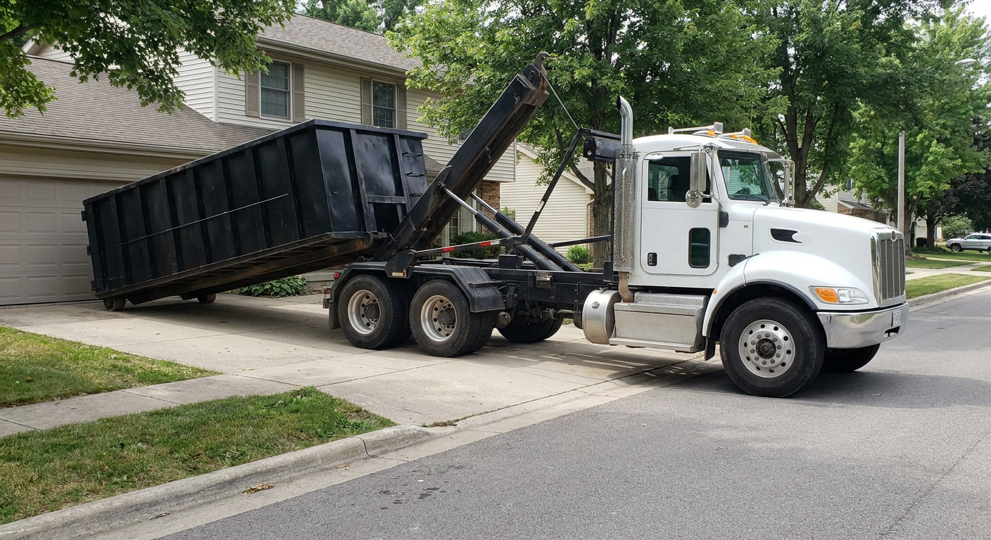 White-cab hooklift roll-off truck actively lowering a matte-black dumpster onto a Longmeadow residential concrete driveway, the dumpster's rear wheels touching the driveway as the hoist arm tilts the bed forward, mid-morning daylight.